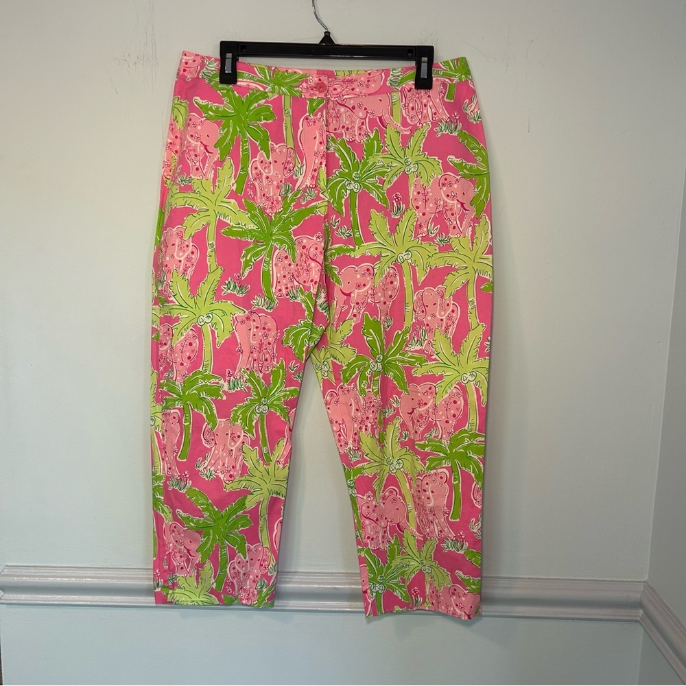 Lilly Pulitzer Pink & Green Taboo Elephant Capri Pants Size 12 petite